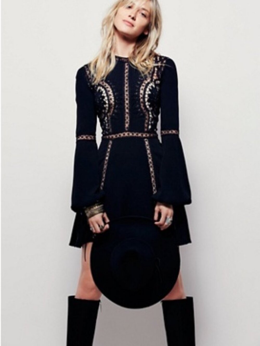 For Love & Lemons Black Lace Balloon Sleeve Mini Dress Size S